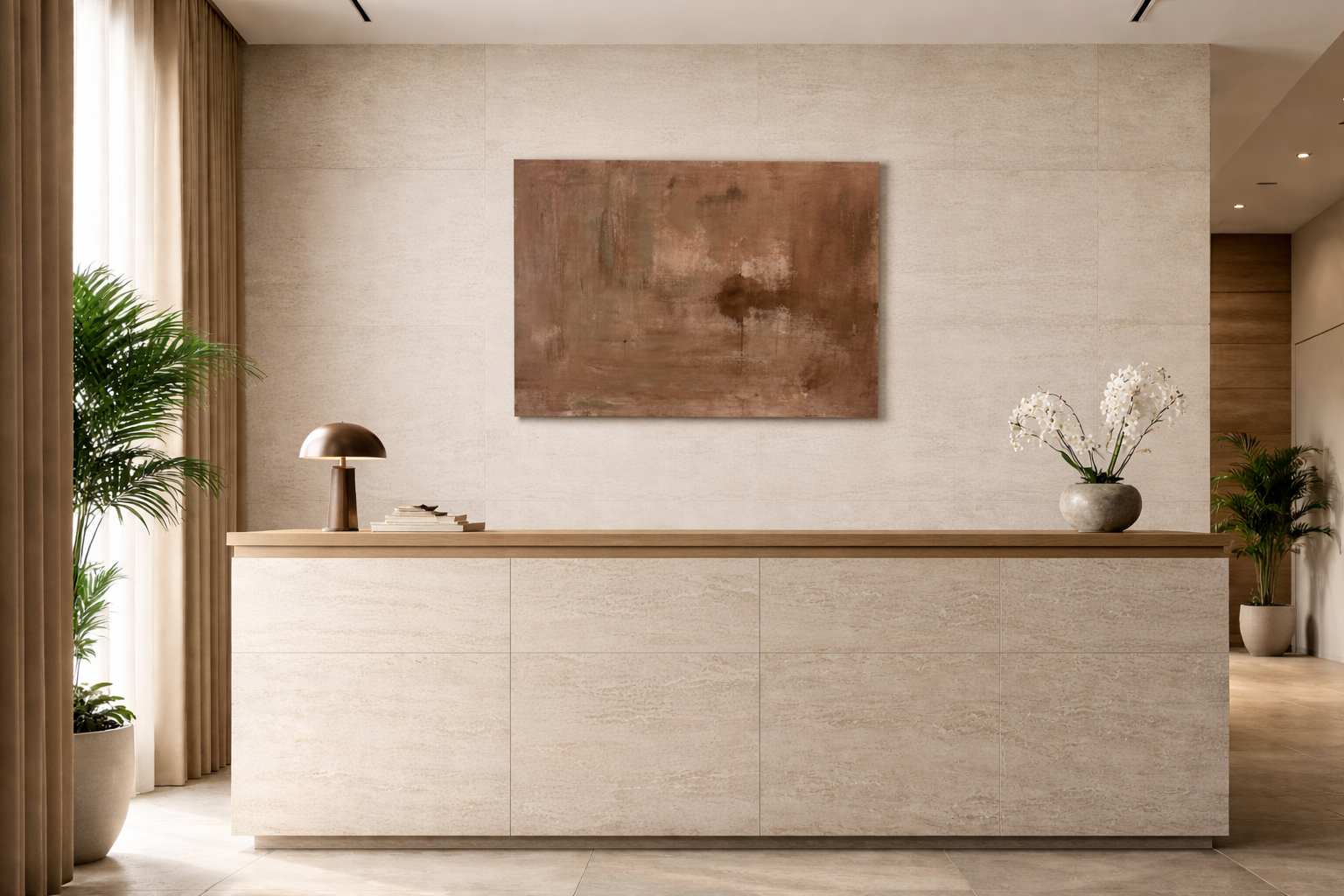 Original contemporary painting displayed in a luxury hotel room