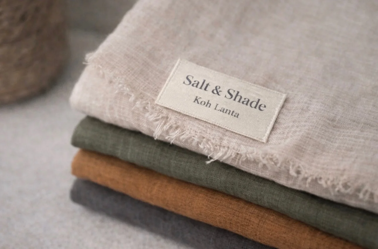 Salt & Shade linen textiles stacked with woven fabric label