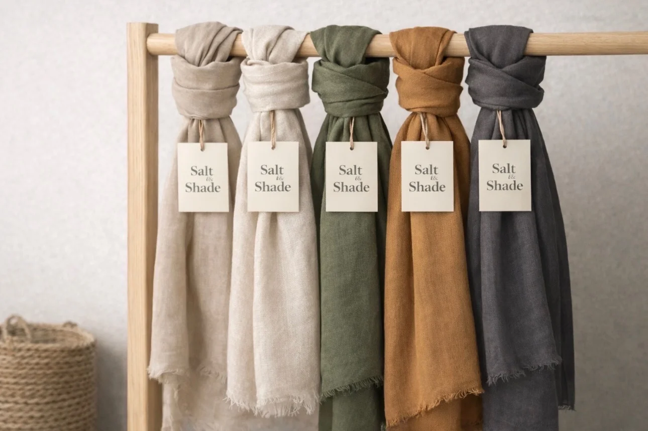 Salt & Shade linen scarves in five signature colors hanging on a wooden rack
