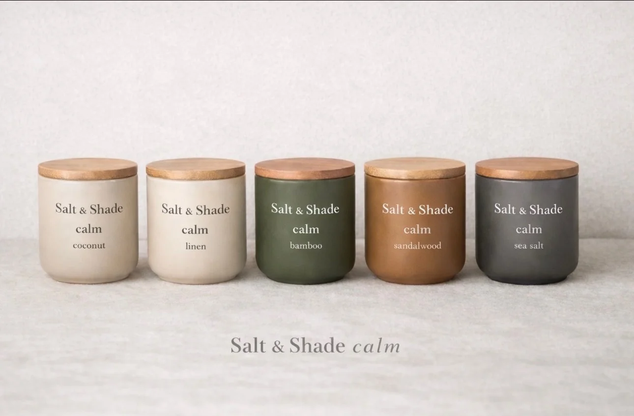 Salt & Shade calm candle collection - coconut, linen, bamboo, sandalwood, sea salt in ceramic vessels