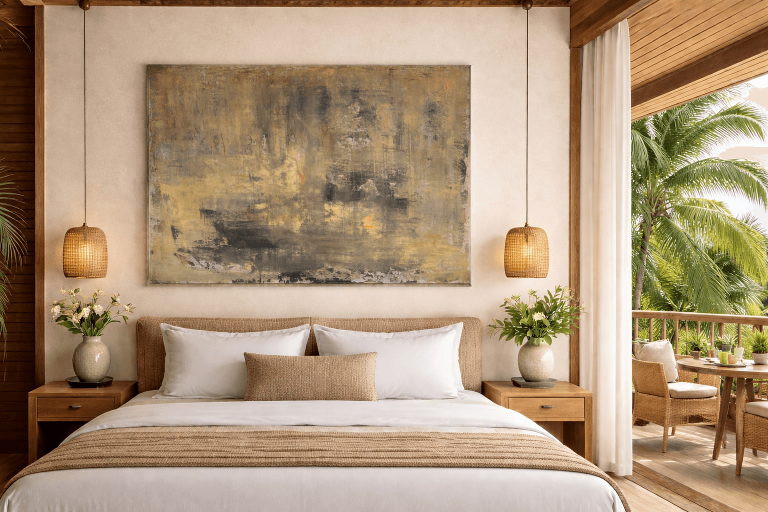Residual Form - Trace III, large abstract painting in gold and charcoal tones shown in a tropical hotel bedroom
